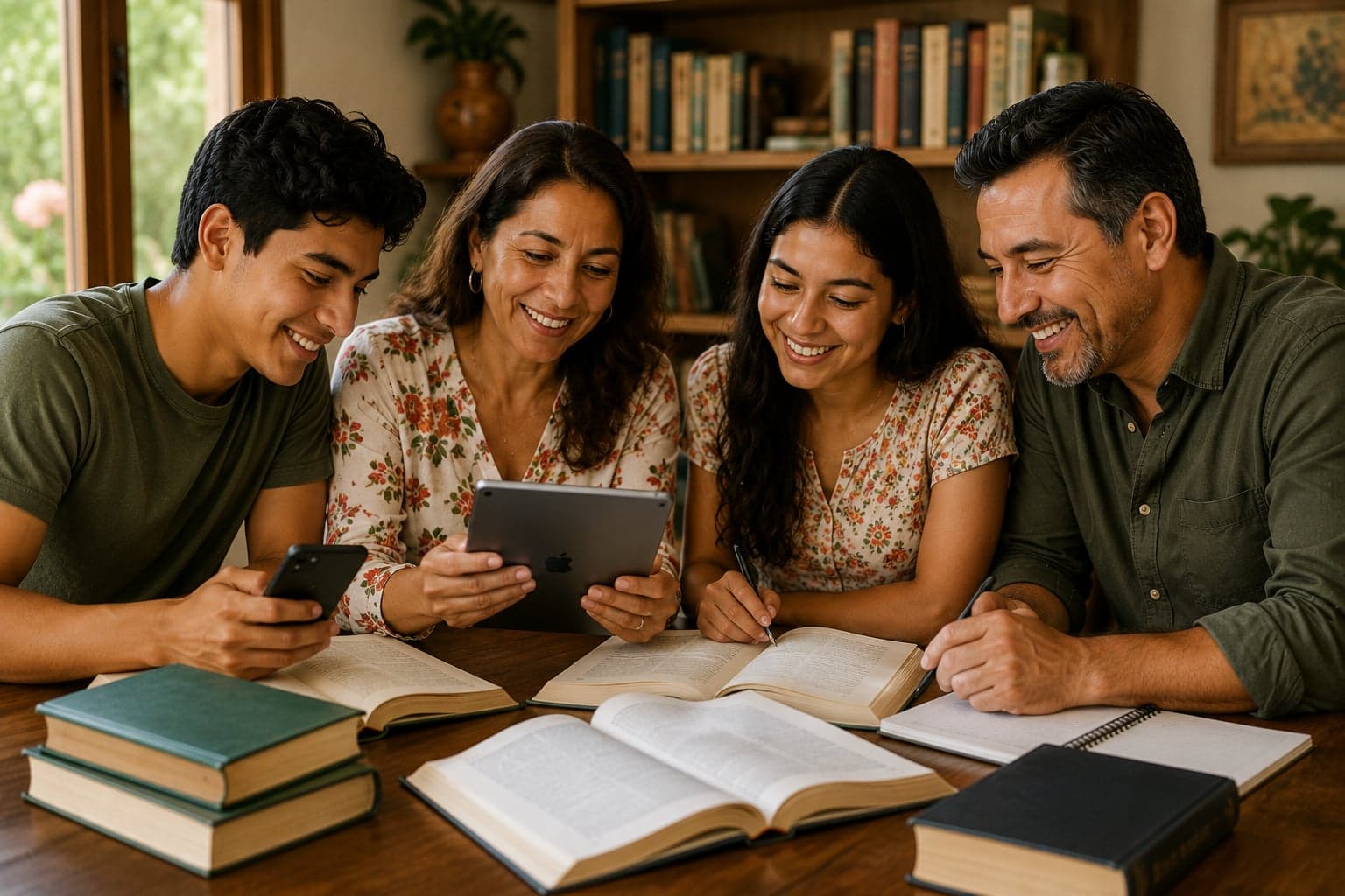 Familia estudiando en línea